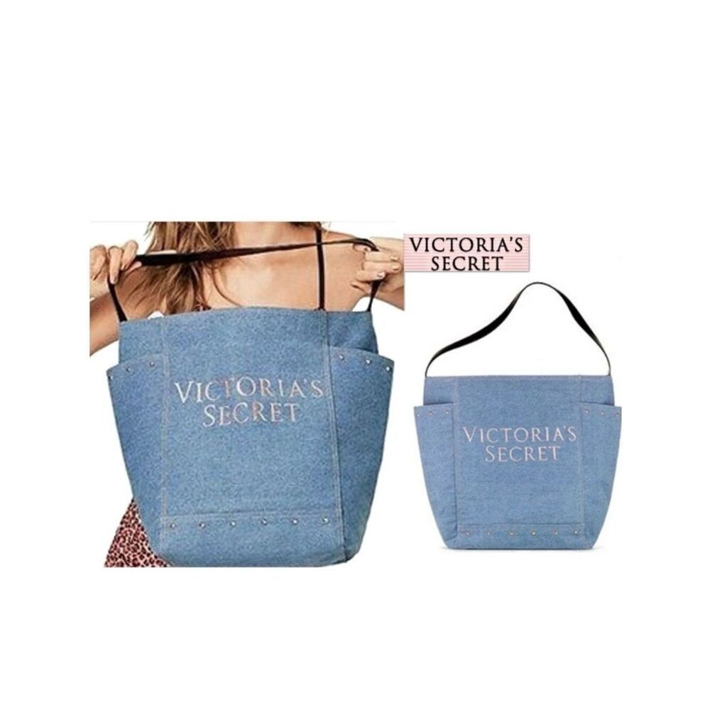 NWT Victoria's Secret Logo Blue Light Denim Stud Shoulder Tote Bag Beautiful New